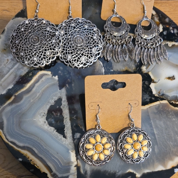 Silver and Yellow Boho Earrings Set Of 3 - Picture 1 of 4